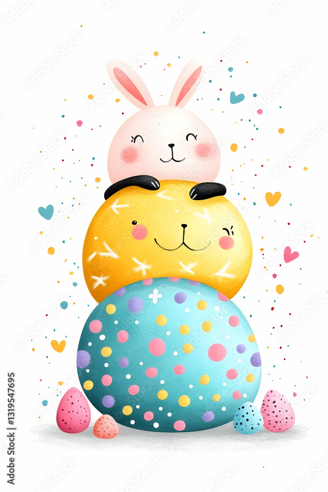 Obraz premium Happy Easter A cute bunny sits atop colorful eggs surrounded by confetti and hearts