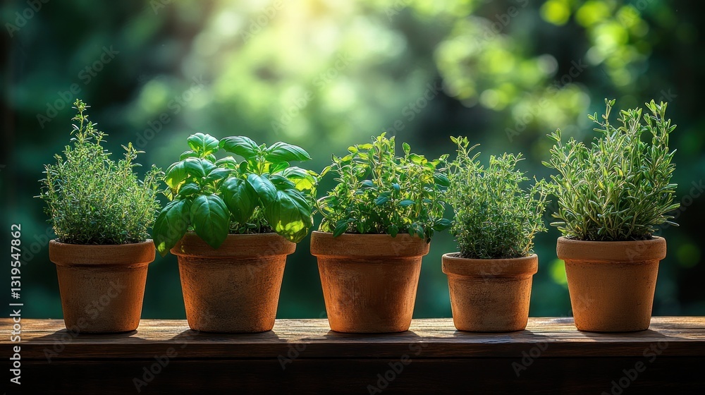 Fototapeta premium Fresh herbs in terracotta pots on a wooden surface