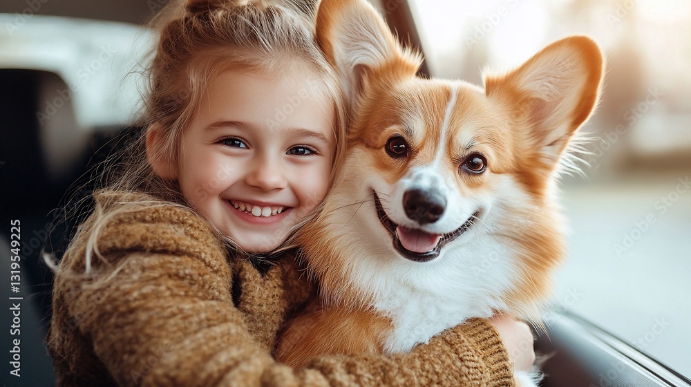 Happy girl hugs her dog in car