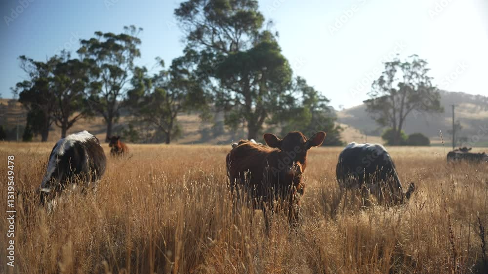 cows eating grass, livestock in a meadow, sustainable carbon neutral farming being practiced. regenerative raised cows in a field. agricultural technology innovation. cows eating grass, livestock in a meadow, sustainable carbon neutral farming being practiced. regenerative raised cows in a field. agricultural technology innovation.