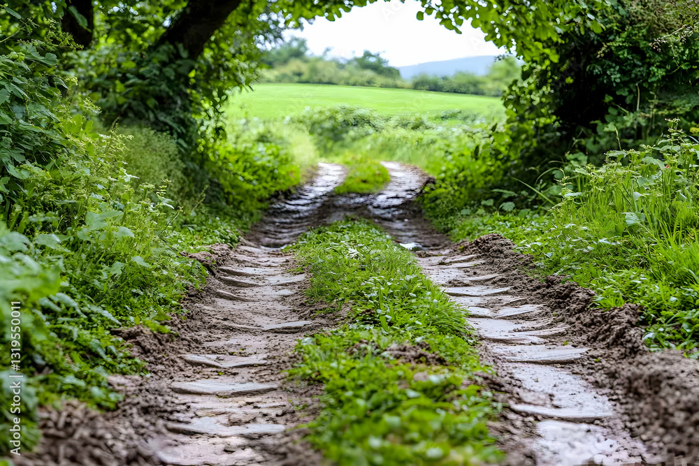 Muddy path winds through lush greenery leading to a field