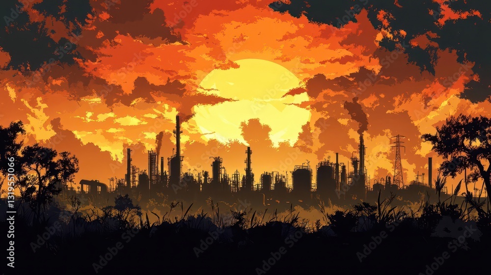 Fototapeta premium Industrial Landscape at Sunset with Silhouetted Factories and Trees