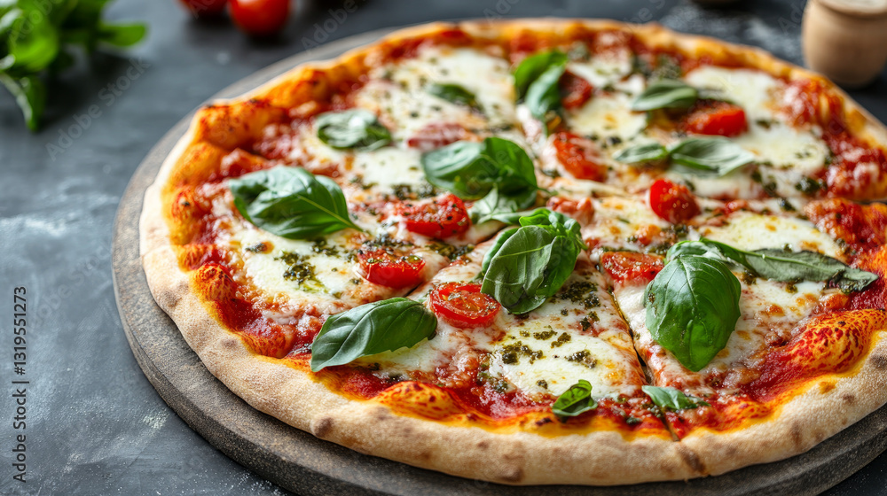 A closeup of a delicious margherita pizza with basil on a grey table A closeup of a delicious margherita pizza with basil on a grey table