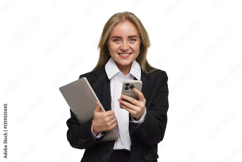 Young professional smiles confidently while holding laptop and smartphone in a bright, neutral setting Young professional smiles confidently while holding laptop and smartphone in a bright, neutral setting