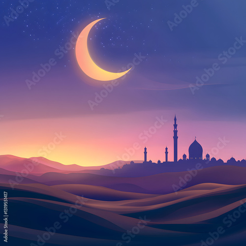 Islamic Nightscape with Crescent Moon and Mosque - Ramadan and Eid Background