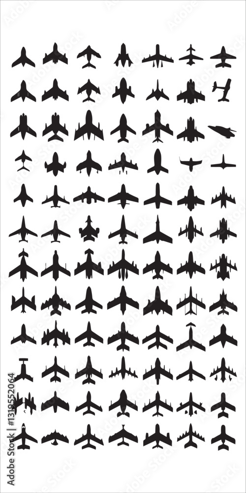 Naklejka premium Airplane Icon silhouettes Compilation with Fighter Aircrafts, Airplane silhouette vector collection. airplane icon bundle. Using of any design vector file. aircraft icon silhouette vector icon.