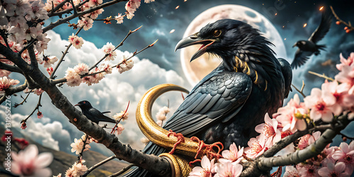 majestic raven perched on golden horn, almond blossom tree.