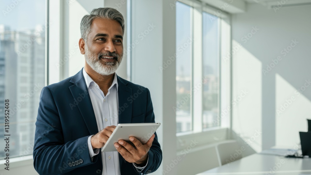 Indian businessman using tablet in modern office with urban backdrop, smiling Themes include diversity, innovation, leadership Indian businessman using tablet in modern office with urban backdrop, smiling Themes include diversity, innovation, leadership