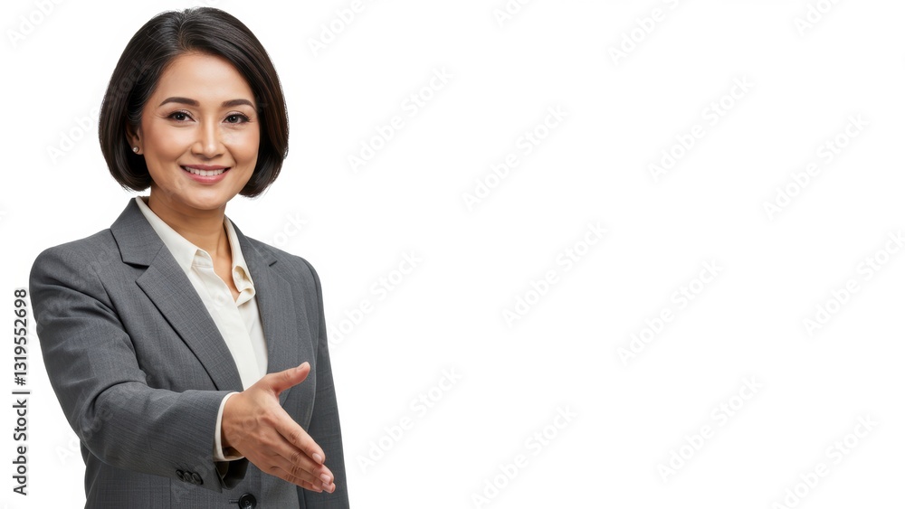 Asian businesswoman in professional attire extending hand for handshake Represents networking, career development, and teamwork Asian businesswoman in professional attire extending hand for handshake Represents networking, career development, and teamwork