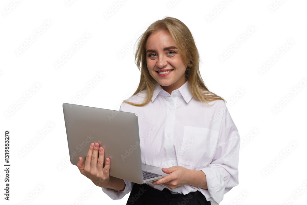 Young woman smiling while holding a laptop in a bright, neutral setting during daytime Young woman smiling while holding a laptop in a bright, neutral setting during daytime