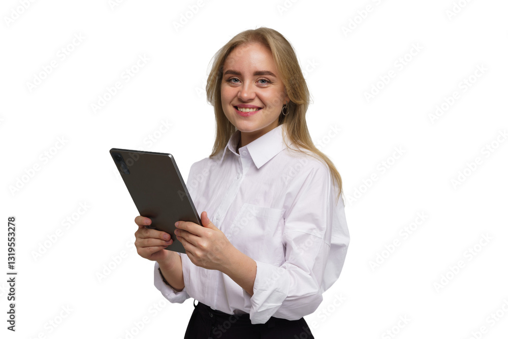 Young woman with tablet smiles while standing in a bright, neutral setting during daytime Young woman with tablet smiles while standing in a bright, neutral setting during daytime