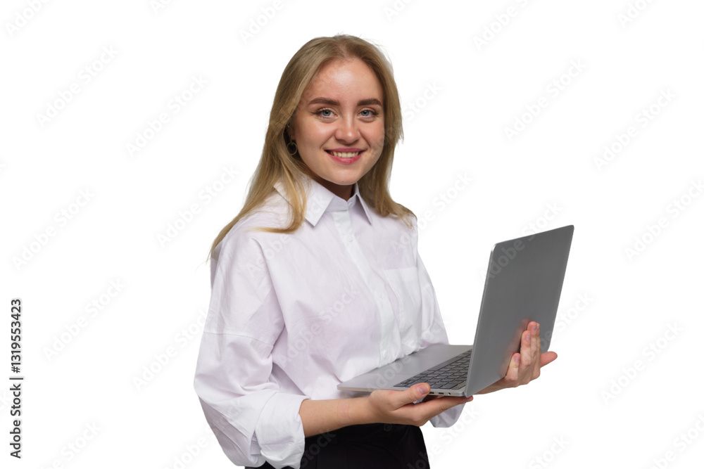 Young woman in white shirt holds laptop while smiling against a plain background Young woman in white shirt holds laptop while smiling against a plain background