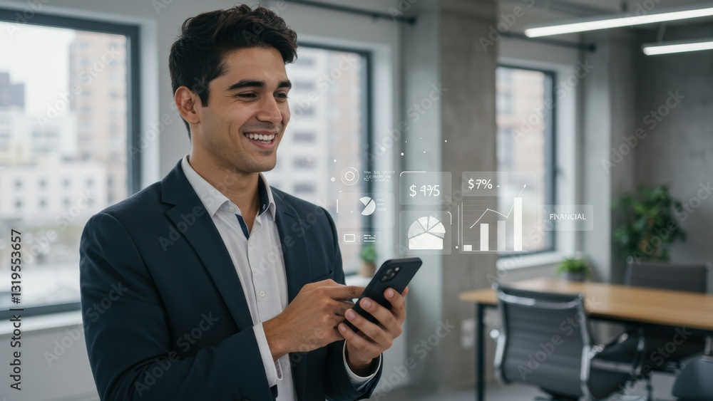 South Asian man smiling and using smartphone in modern office showcasing financial data and digital interface concepts South Asian man smiling and using smartphone in modern office showcasing financial data and digital interface concepts