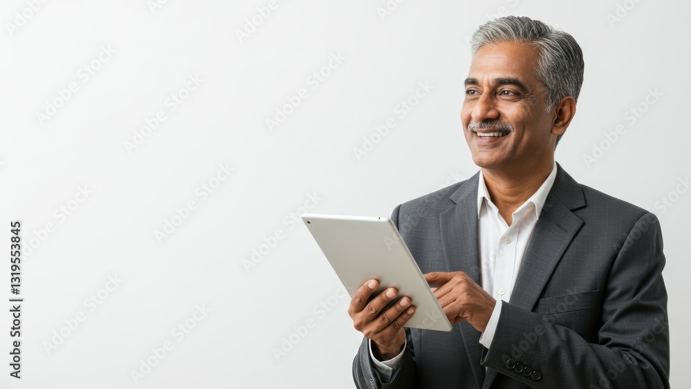 South Asian middle aged businessman smiling while using a tablet in an office setting Concepts include technology and professional interaction South Asian middle aged businessman smiling while using a tablet in an office setting Concepts include technology and professional interaction