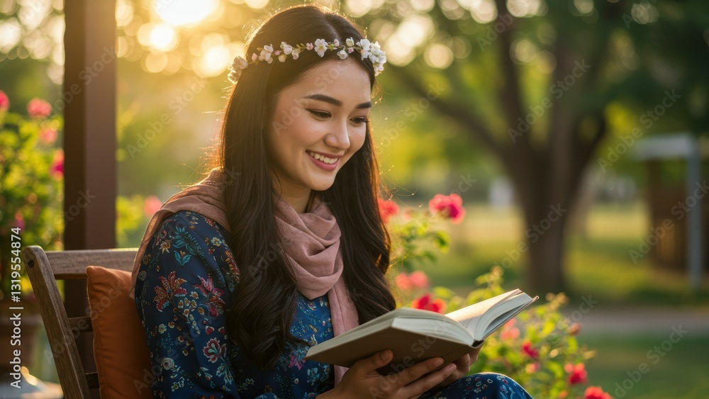 Young Asian woman sits in garden reading book during sunset, enjoying peaceful moment among flowers Concepts of mindfulness, joy Young Asian woman sits in garden reading book during sunset, enjoying peaceful moment among flowers Concepts of mindfulness, joy