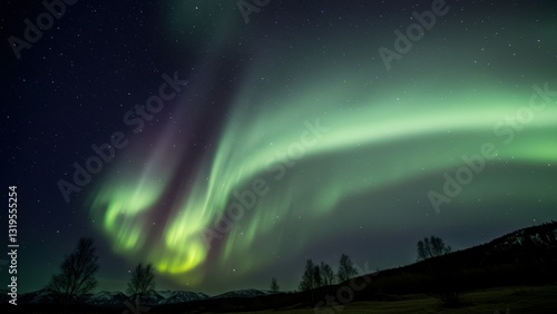 Wallpaper Mural Aurora Borealis illuminates night sky over mountain range in cold climate Captivating natural wonder inspires travel and outdoor adventure Torontodigital.ca