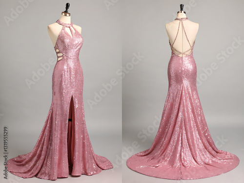 elegant pink sequin mermaid prom dress, halter neck, open back.