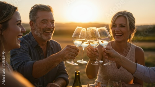 Middle aged and young adults toast glasses during outdoor celebration at sunset Focus on friendship and joy