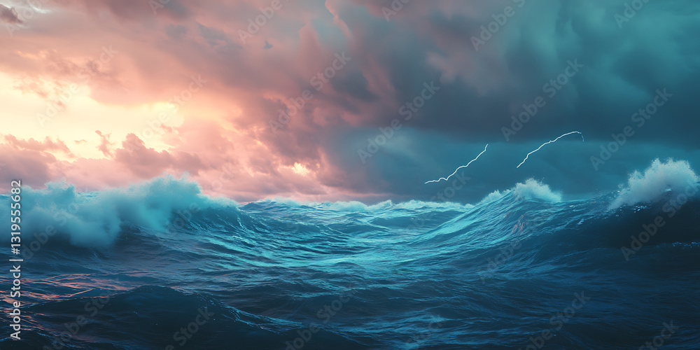 Fototapeta premium Thunderstorm Over the Ocean with Massive Waves and Lightning