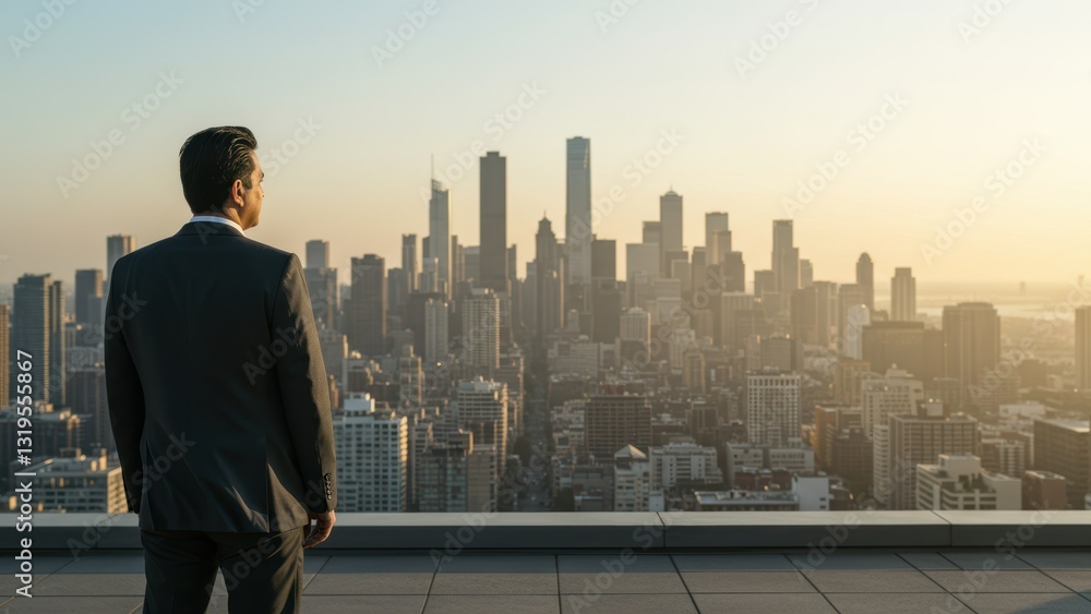 Hispanic businessman in formal suit gazing at urban skyline during sunset, representing ambition and success Hispanic businessman in formal suit gazing at urban skyline during sunset, representing ambition and success