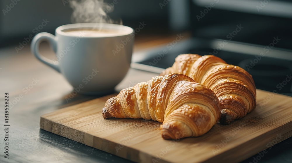 Freshly baked croissants and coffee on a wooden board cozy kitchen setting food photography close-up view Freshly baked croissants and coffee on a wooden board cozy kitchen setting food photography close-up view