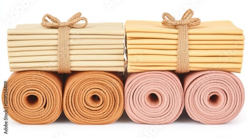 Beige and Yellow Paper Stacks and Rolls on White Background
