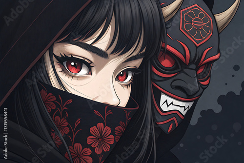 Closeup illustration of an anime girl with red eyes, partially obscured by a black hood and floral mask. A menacing oni mask is visible beside her, creating a dark and mysterious atmosphere.