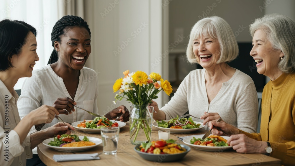 Four women, diverse ages, enjoying a meal indoors at home Celebrating friendship, healthy eating, and connection Four women, diverse ages, enjoying a meal indoors at home Celebrating friendship, healthy eating, and connection