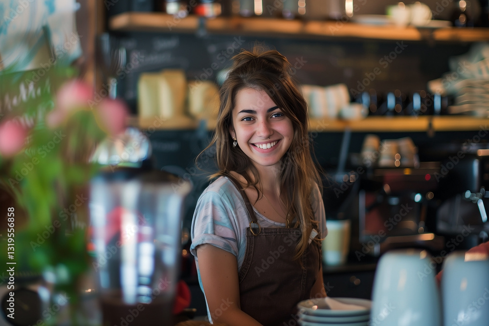 A smiling young woman stands in a cafe setting, wearing an apron over a t-shirt. The background features shelves with mugs and a coffee machine, creating a warm, inviting ambiance. A smiling young woman stands in a cafe setting, wearing an apron over a t-shirt. The background features shelves with mugs and a coffee machine, creating a warm, inviting ambiance.