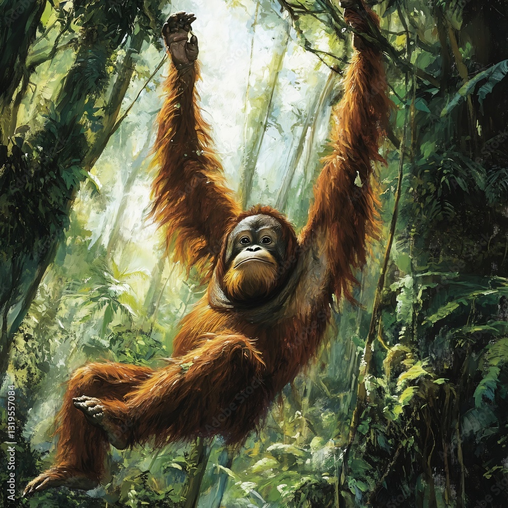 Fototapeta premium Orangutan swinging through lush rainforest nature photography tropical environment wildlife scene