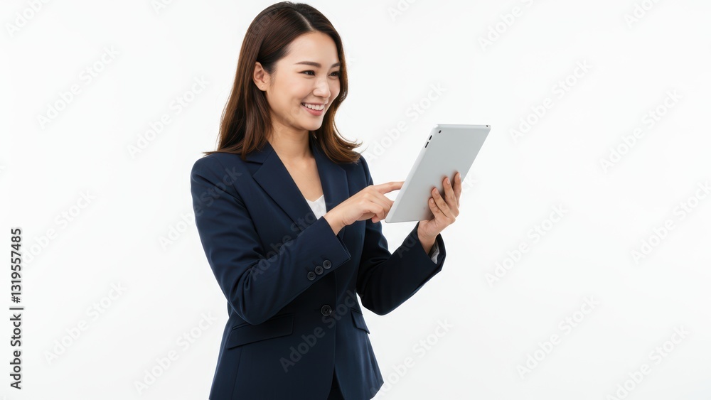 Asian businesswoman smiling while using a tablet in a white office setting portraying confidence and modern workplace concepts Asian businesswoman smiling while using a tablet in a white office setting portraying confidence and modern workplace concepts