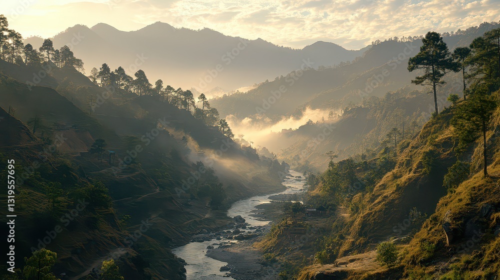 Serene mountain landscape at dawn with a winding river and misty hills in the background Serene mountain landscape at dawn with a winding river and misty hills in the background