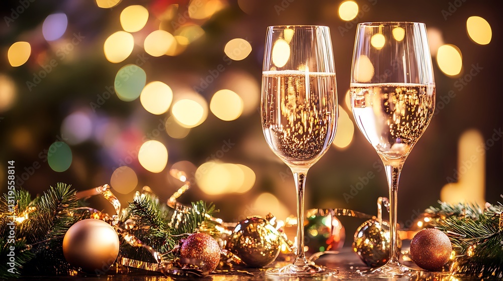 Sparkling champagne in flutes on a festive holiday decorated scene Sparkling champagne in flutes on a festive holiday decorated scene