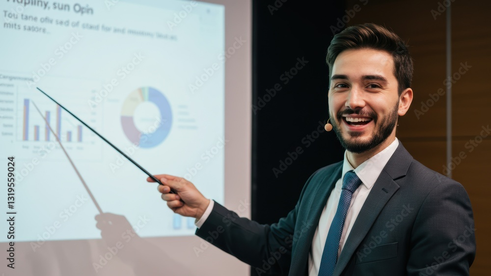 Young Caucasian man in a suit presents data charts in an office setting, highlighting business strategies and motivating the audience Young Caucasian man in a suit presents data charts in an office setting, highlighting business strategies and motivating the audience