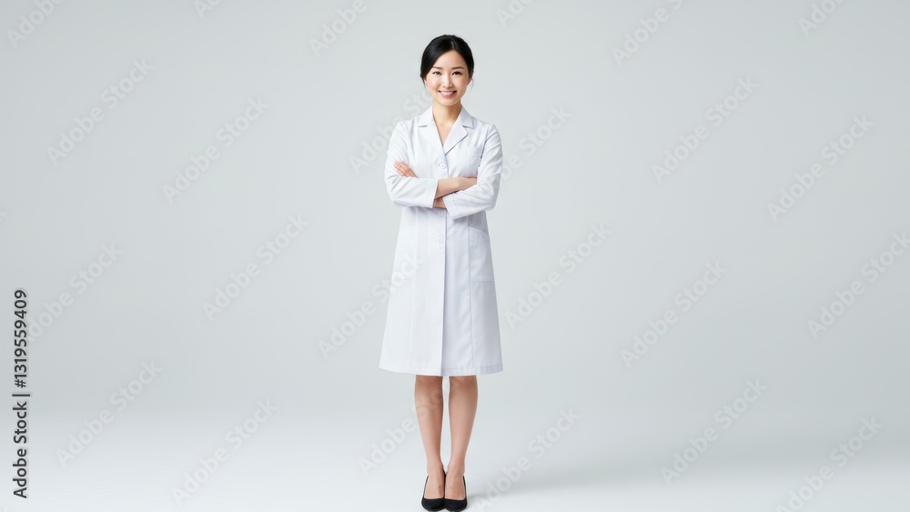 Asian female doctor in white lab coat stands confidently in a clinical setting Focus on healthcare, empowerment, diversity Asian female doctor in white lab coat stands confidently in a clinical setting Focus on healthcare, empowerment, diversity