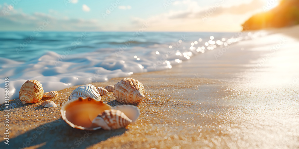 Obraz premium Sandy Beach with Gentle Waves and Scattered Seashells for a Relaxing and Serene Coastal View