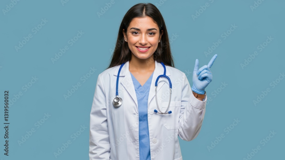 Young South Asian female doctor in white coat with stethoscope gestures positively against blue background Focus on healthcare and diversity Young South Asian female doctor in white coat with stethoscope gestures positively against blue background Focus on healthcare and diversity