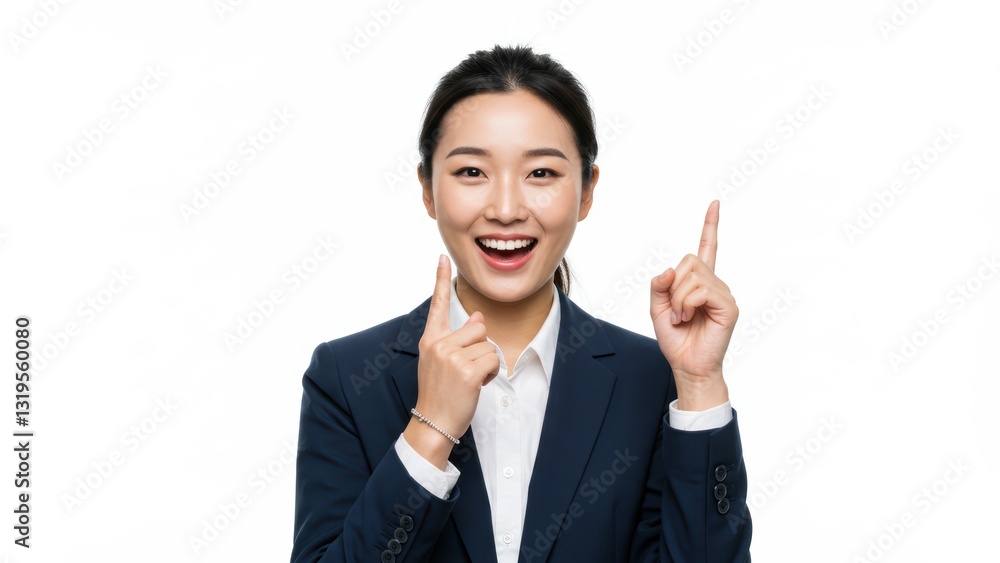 Asian woman in business attire smiles and gestures positively against white background Represents success and motivation Asian woman in business attire smiles and gestures positively against white background Represents success and motivation