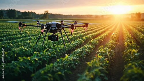Modern industrialized agriculture using technology , a drone fly over crops field	
