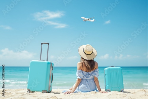 Woman in blue dress and straw hat sitting on sandy beach with turquoise suitcases, airplane flying above. Concept of travel and vacation. Ai generative