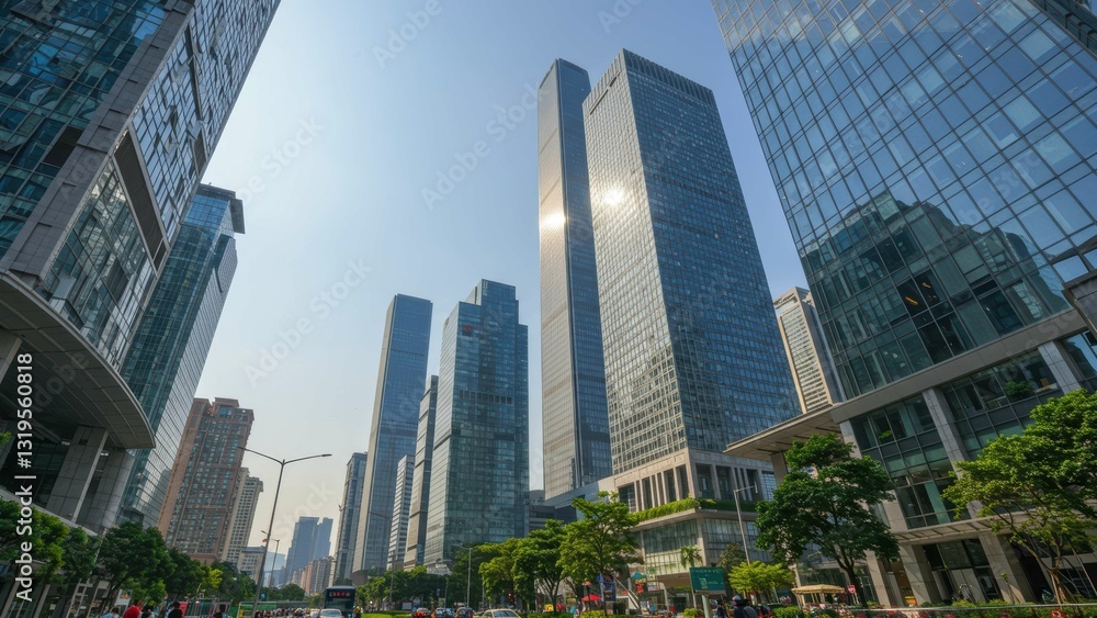 City skyline featuring modern skyscrapers and green trees under clear skies Represents urban development and sustainability City skyline featuring modern skyscrapers and green trees under clear skies Represents urban development and sustainability
