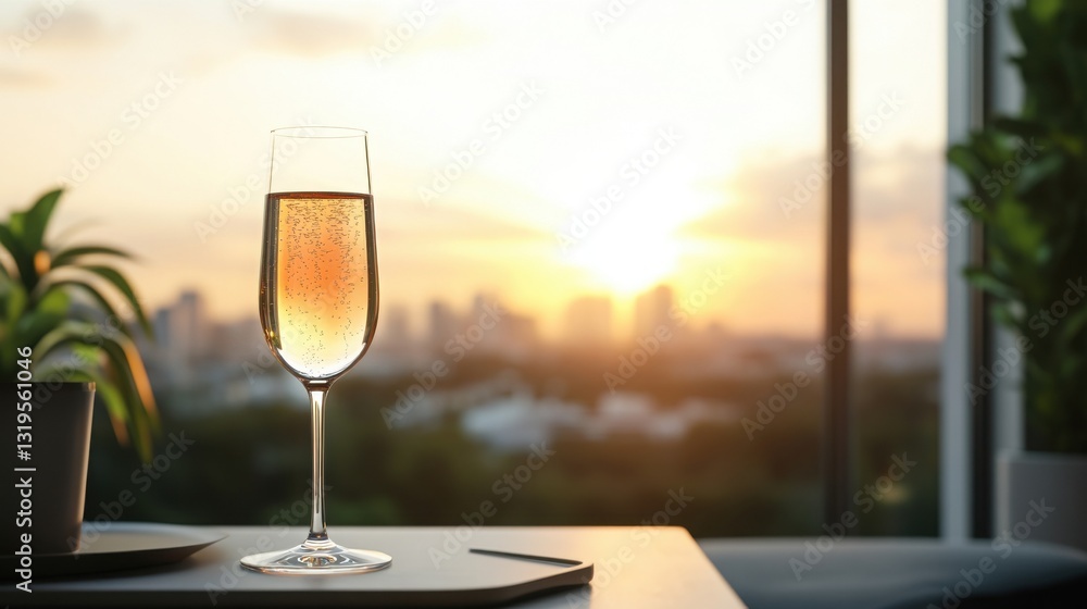 Obraz premium A sophisticated glass of champagne or sparkling wine on a soft backdrop, conveying moments of luxury and refinement.