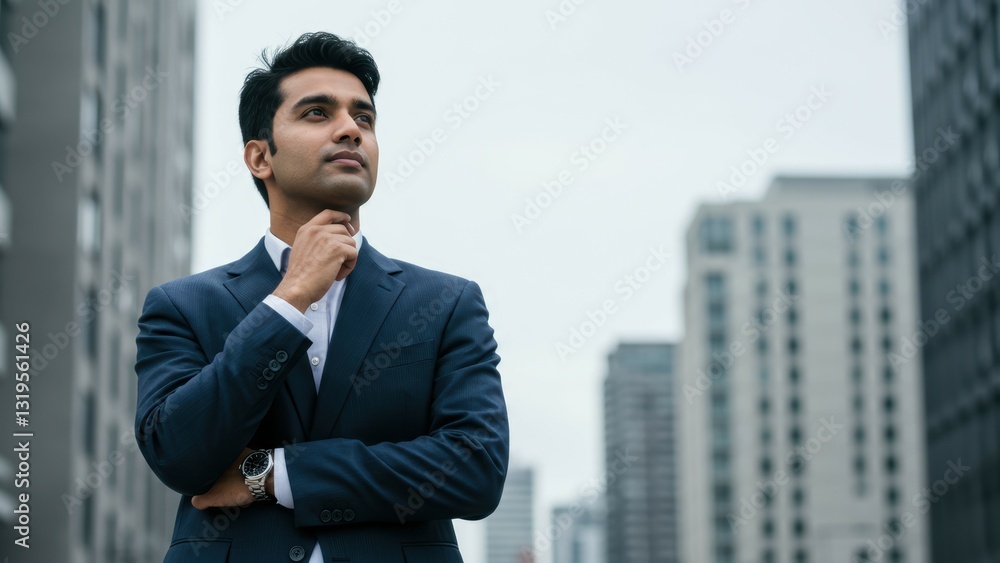 South Asian businessman in suit poses thoughtfully in urban setting with cityscape backdrop, reflecting on future opportunities South Asian businessman in suit poses thoughtfully in urban setting with cityscape backdrop, reflecting on future opportunities