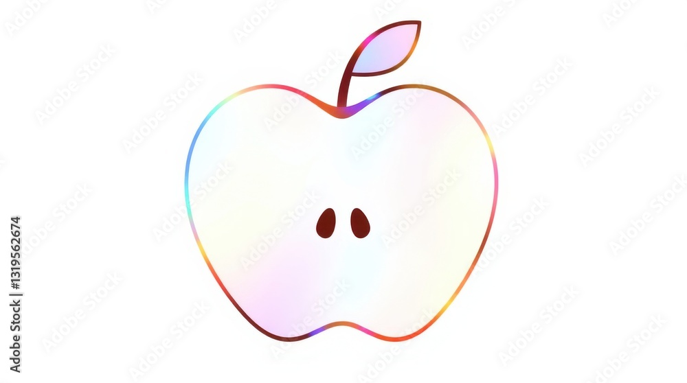 Iridescent apple illustration on white background. Simple design with outline and seeds in fruit's center. Iridescent apple illustration on white background. Simple design with outline and seeds in fruit's center.