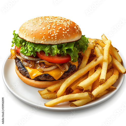 Delicious hamburger with French fries and fresh toppings