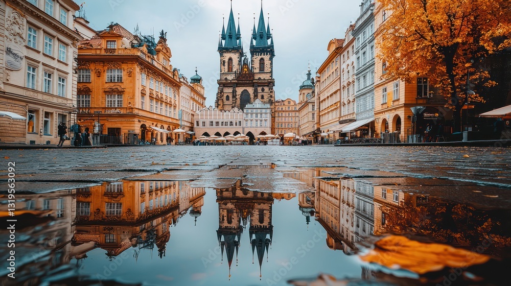 Obraz premium Autumnal Prague square reflected in a puddle