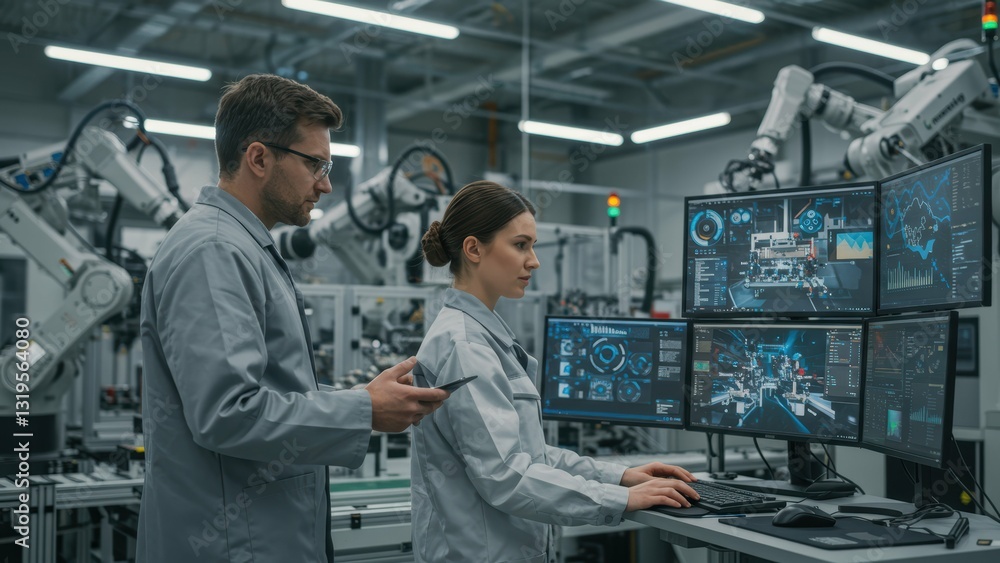 Caucasian male engineer and female engineer collaborate in advanced industrial setting with monitor screens showcasing data analysis and automation concepts Caucasian male engineer and female engineer collaborate in advanced industrial setting with monitor screens showcasing data analysis and automation concepts