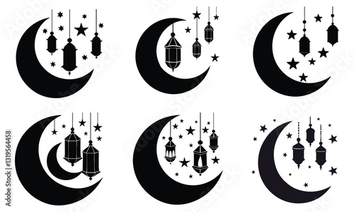 Celestial Glow: Crescent Moon with Hanging Lanterns