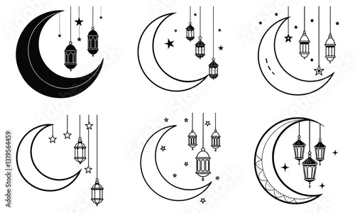 Celestial Glow: Crescent Moon with Hanging Lanterns