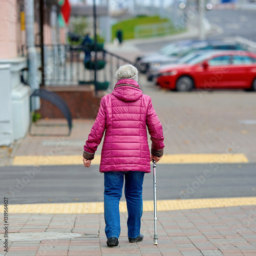 Obraz na płótnie Elderly woman in pink jacket walking with cane on city sidewalk, mobility support and independence for senior citizens in an urban environment. Senior woman using cane for balance while walking street w salonie
